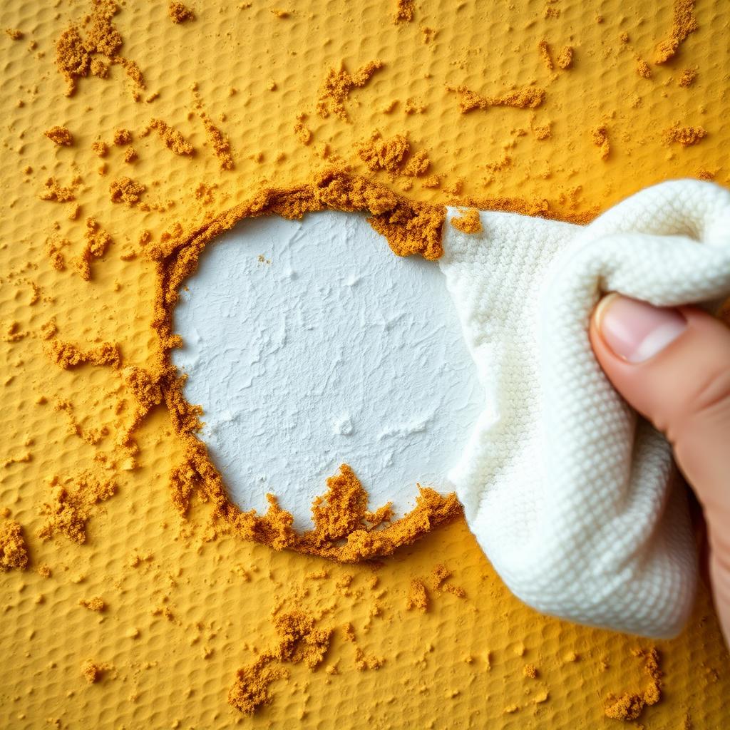 Närbild på nikotinskadad vägg med tydlig kontrast mellan rengjord och orengjord yta