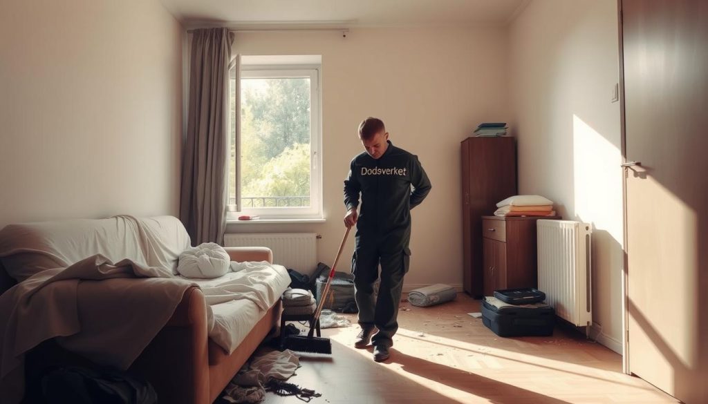 A serene, sun-dappled interior of a modest apartment, the furniture draped with sheets and the floors strewn with discarded belongings. In the foreground, a person in a "Dödsverket" branded jumpsuit diligently sweeps, their movements purposeful and methodical. Through the open window, a glimpse of a lush, verdant garden, hinting at the tranquility beyond. The atmosphere is one of quiet contemplation, a respectful pause amidst the necessary task of tidying and clearing, as the apartment is prepared for the next chapter. Soft, diffused lighting casts a warm glow, the scene captured through a wide-angle lens to convey a sense of space and solemnity.