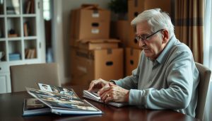 Äldre person som tittar på familjefoton inför flytt till servicehus