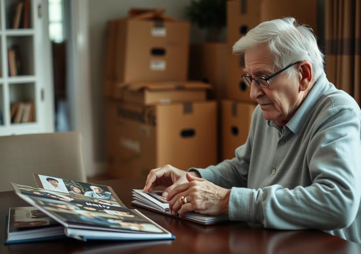Äldre person som tittar på familjefoton inför flytt till servicehus