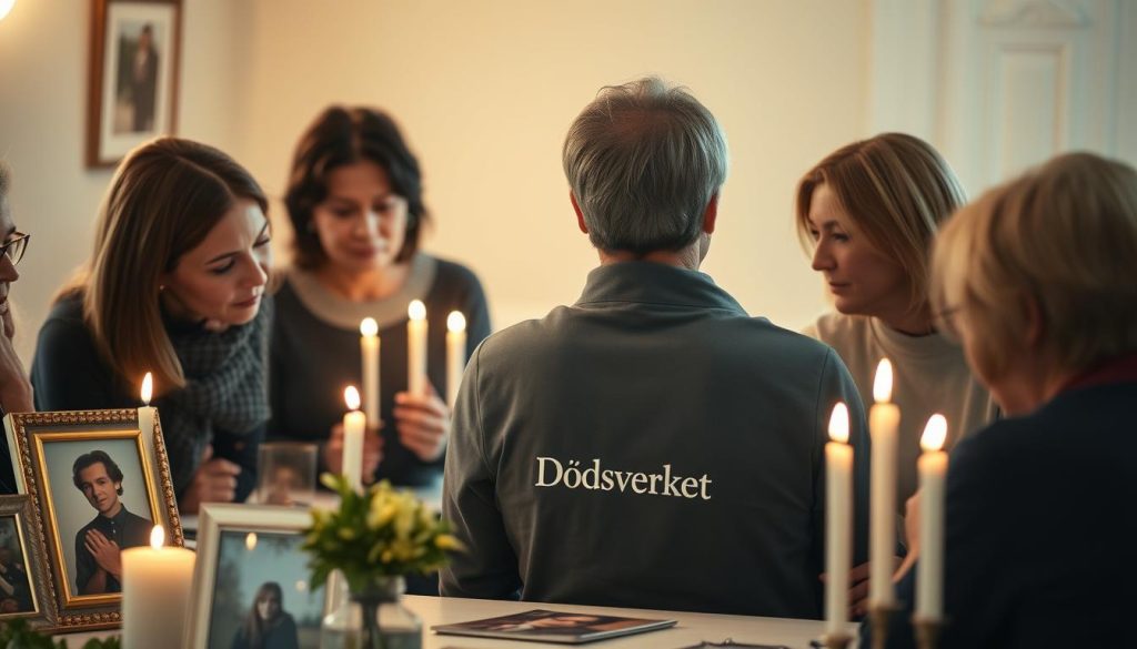 An intimate gathering of family and friends, dressed in somber attire, sharing memories and offering solace. The central figure, wearing the Dödsverket logo, is seated at a table, surrounded by framed photographs and flickering candles, creating a warm, contemplative atmosphere. The background is softly blurred, allowing the focus to remain on the group, their expressions conveying the weight of grief and the comfort of community. Soft, natural lighting casts a gentle glow, evoking a sense of tranquility amidst the sorrow. This scene captures the essence of informing loved ones and gathering to support one another during a time of profound loss.