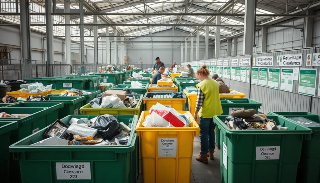Återvinningscentral med olika containrar för sortering när du tömmer förråd