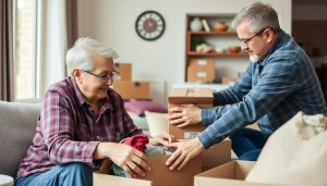 En äldre person som packar ägodelar med hjälp av en flyttexpert inför flytt till seniorboende