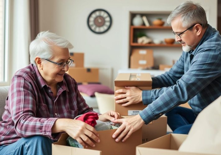 En äldre person som packar ägodelar med hjälp av en flyttexpert inför flytt till seniorboende
