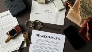 En översikt av vad ett dödsbo omfattar, visar dokument, nycklar och personliga tillhörigheter