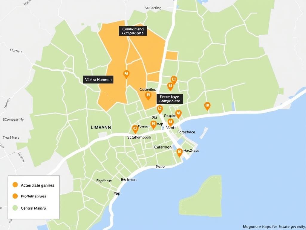 Karta över Malmö med populära områden för dödsboköp markerade