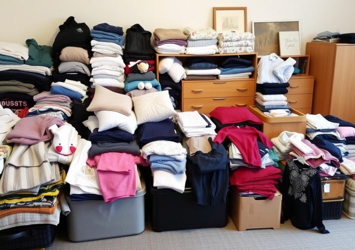 Kläder och möbler från dödsbo som sorteras för donation i Malmö