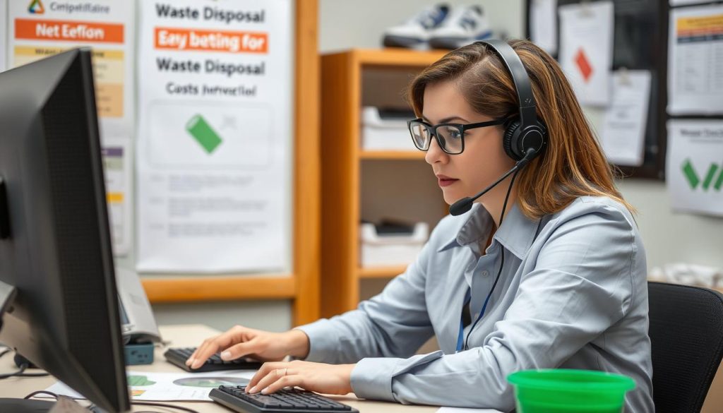 Kundtjänstmedarbetare som besvarar frågor om bortforsling av skräp och priser