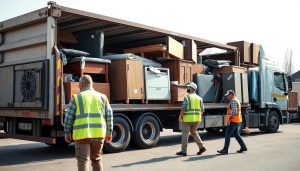 Lastbil som lastar skräp och möbler för bortforsling, med prislappar som illustrerar kostnader för bortforsling av skräp