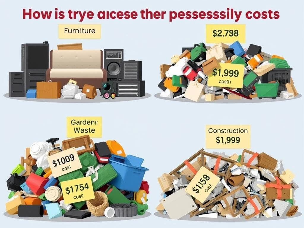 Olika typer av avfall sorterat med prisindikatorer, visar hur avfallstyp påverkar bortforslingspris