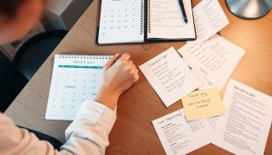 Person som planerar hustömning med kalender och anteckningsblock