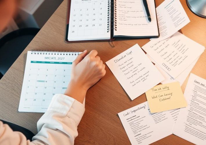 Person som planerar hustömning med kalender och anteckningsblock