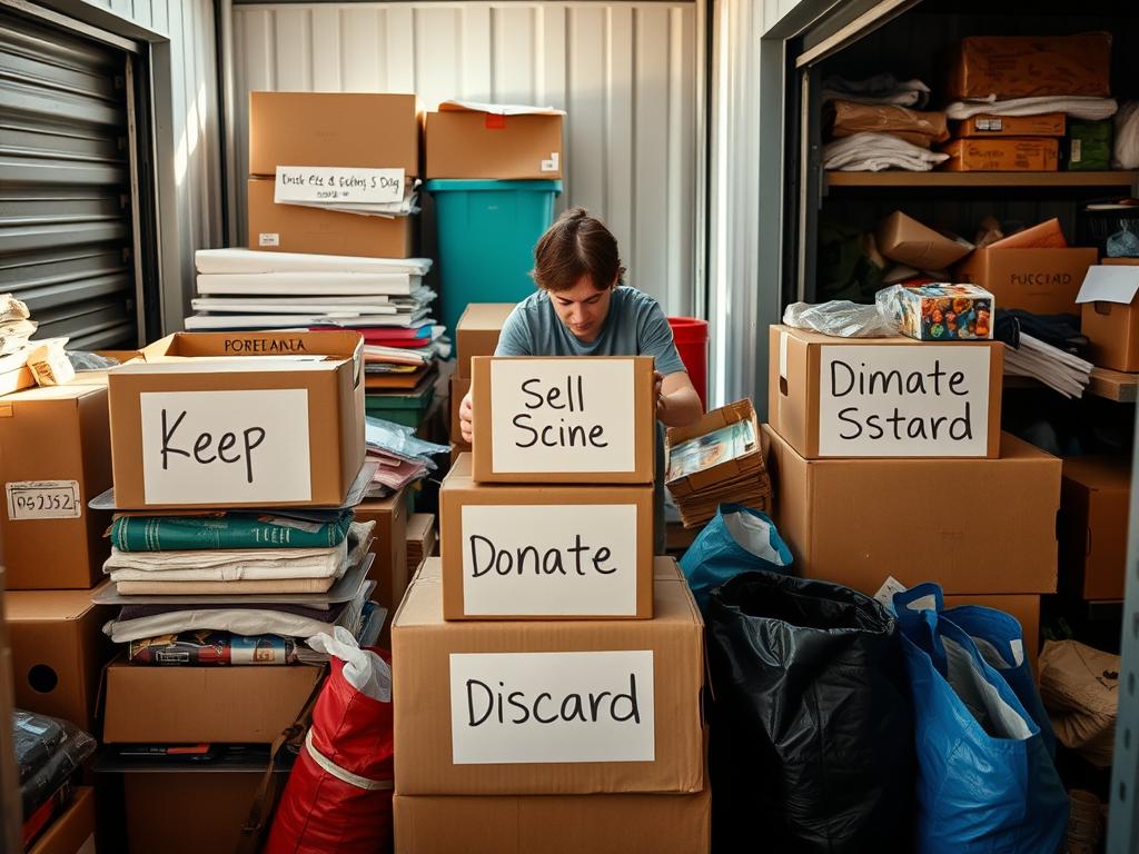 Person som sorterar föremål i olika högar när de tömmer förråd