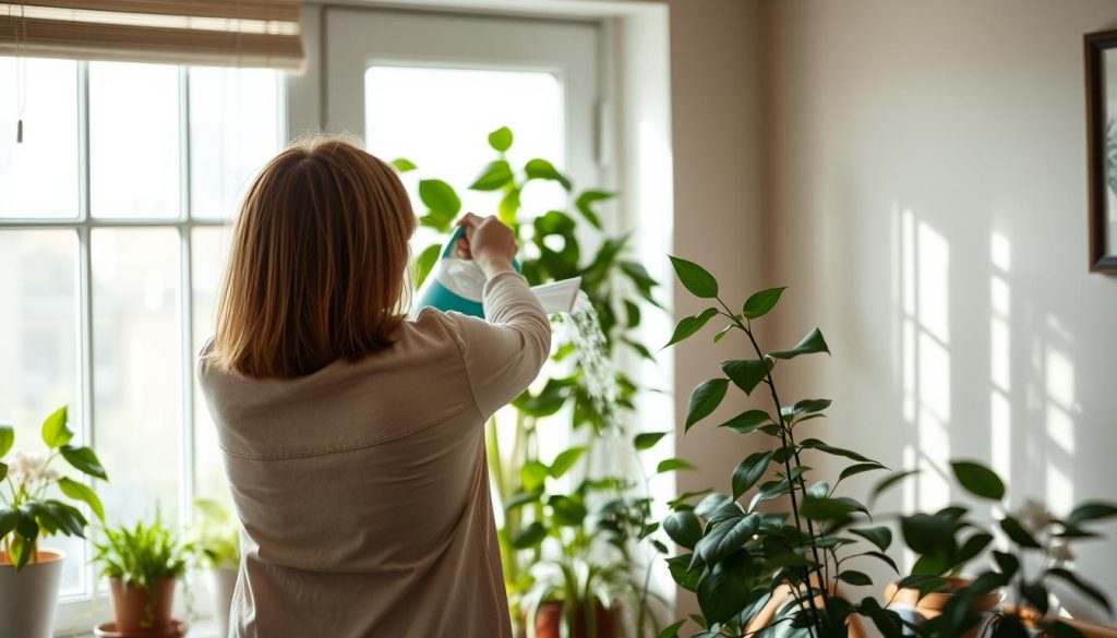 Person som vattnar blommor i ett dödsbo