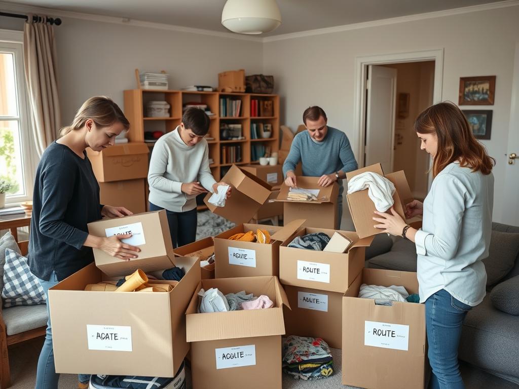 Personer som sorterar och packar bohag för att spara pengar vid tömning