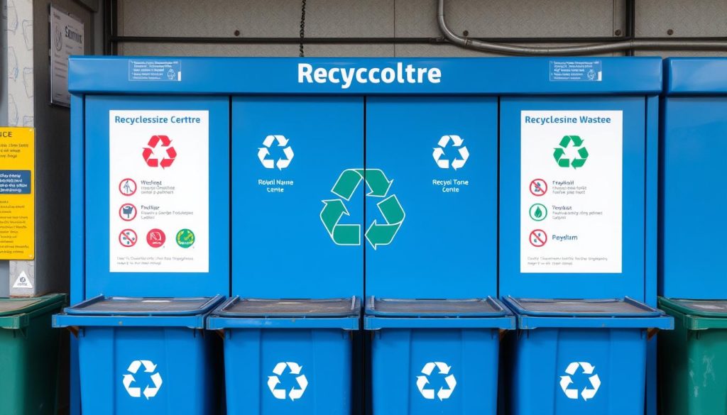 Stockholms återvinningscentral med tydliga skyltar för olika avfallstyper