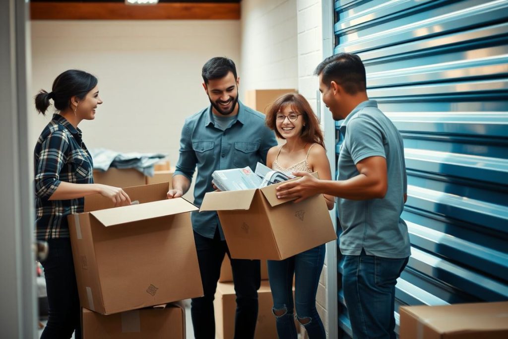 Vänner som hjälper till att tömma förråd tillsammans